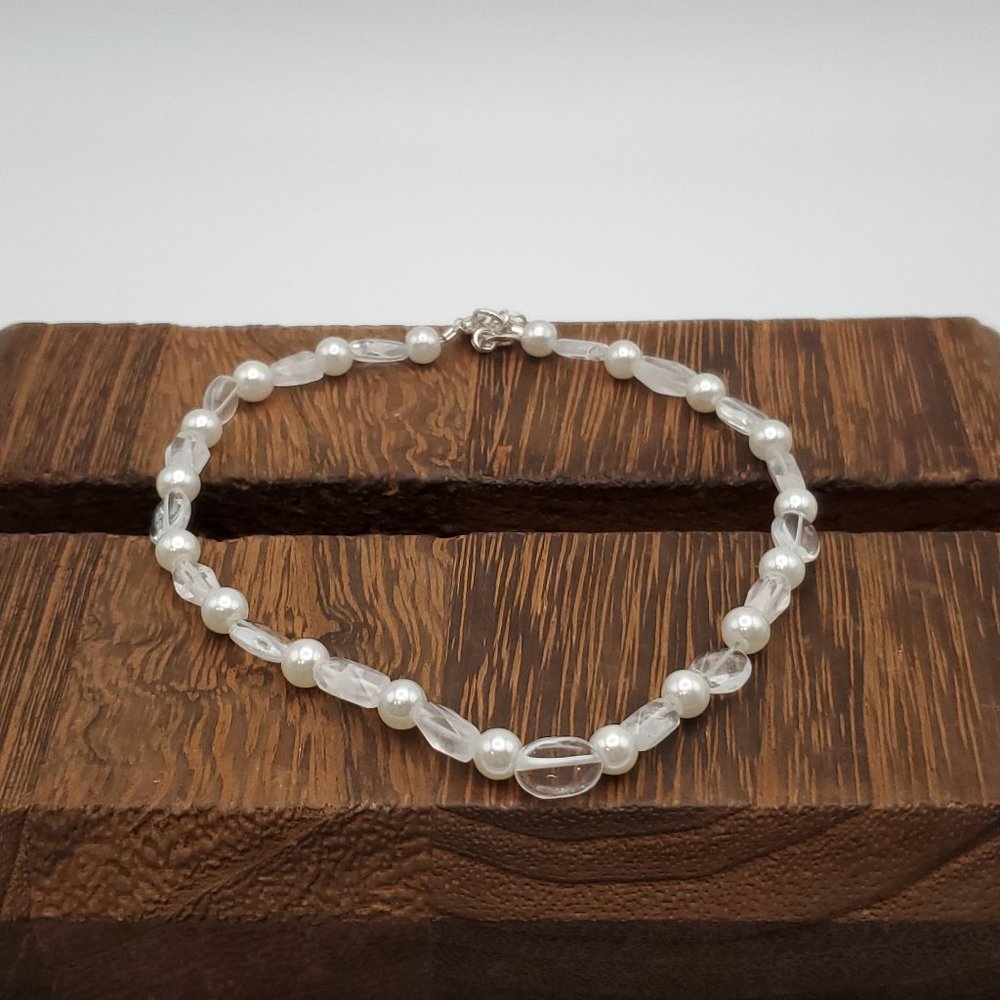 11 Inch 925 Sterling Silver Faux Pearls And Quartz Stones Ankle Bracelet